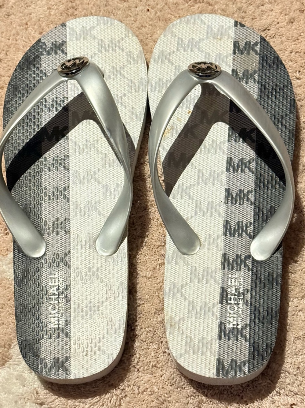 Michael Kors Silver and Black MK Monogram Flip Flops Brand New